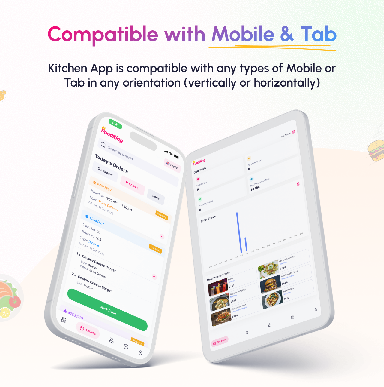 FoodKing Kitchen app (KDS) is compatible with mobile and tab