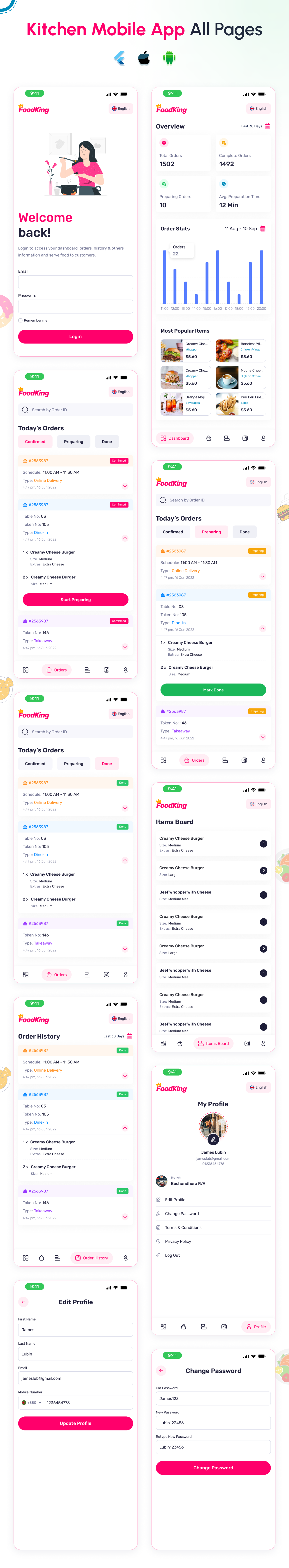 All features and screens of FoodKing Kitchen app or KDS App